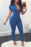 Blue Fashion Sexy Casual Old washing Short Sleeve V Neck Jumpsuits