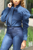 Синие джинсовые однотонные топы с длинными рукавами и воротником-стойкой