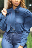 Top con fasciatura solida a maniche lunghe con colletto alla coreana in denim blu