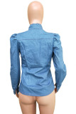 Blue Denim Mandarin Collar Long Sleeve Solid Bandage Tops