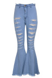 Calça jeans azul claro com zíper Fly alto buraco de lavagem de botas calças de baixo