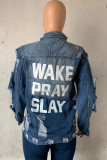 Blue Turndown Collar Letter Hole washing The cowboy Others Long Sleeve Outerwear