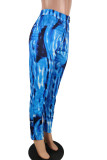 Bas de pantalon droit zippé vénitien bleu à fermeture éclair et imprimé mi-long
