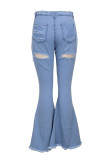 Denim bleu clair braguette zippée haut trou lavage Boot Cut pantalon bas