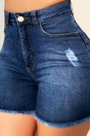 Dark Blue Denim Zipper Fly High Hole washing pencil shorts Bottoms Hot Pants Ripped Denim Shorts