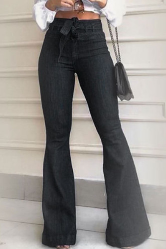 Calça jeans larga preta com zíper Fly alta sólida