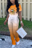 Оранжевый модный повседневный взрослый мэм с круглым вырезом и принтом, костюмы из двух предметов с принтом губ, большие размеры
