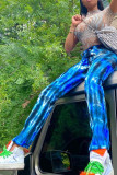Blue venetian Zipper Fly Mid Print Zippered Straight Pants Bottoms