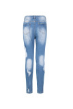 Calça jeans azul claro com zíper Fly alto buraco velho com zíper calças calças