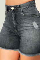 Grey Denim Zipper Fly High Hole washing pencil shorts Bottoms Hot Pants Ripped Denim Shorts