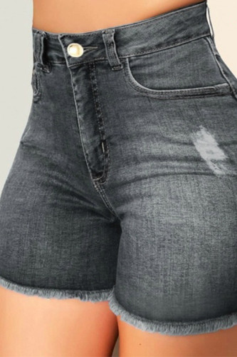 Grey Denim Zipper Fly High Hole washing pencil shorts Bottoms