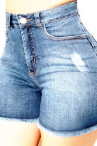 Pantalones cortos de lápiz de lavado de agujero alto con cremallera de mezclilla azul claro