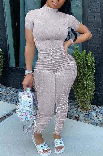 Grey Fashion Casual Solid Draped Short Sleeve O Neck Jumpsuits