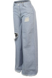 Calça jeans azul escuro com zíper e abertura alta assimétrica calças soltas