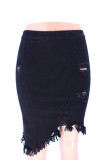 Black Denim Elastic Fly High Solid Tassel Hole Asymmetrical Old Hip skirt Bottoms