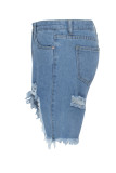 Blue Denim Zipper Fly High washing Old Straight shorts Bottoms Distressed Hot Pants Raw Hem Denim Shorts
