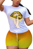 Gelbe, modische, lässige Ma'am-Anzüge mit O-Ausschnitt und Farbverlauf für Erwachsene, Muster in Übergröße