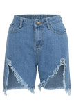 Blue Denim Zipper Fly High washing Old Straight shorts Bottoms Distressed Hot Pants Raw Hem Denim Shorts