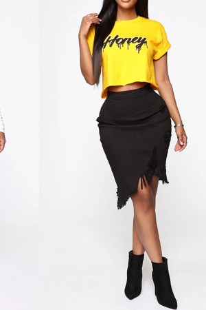Black Denim Elastic Fly High Solid Tassel Hole Asymmetrical Old Hip skirt Bottoms