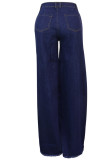 Dunkelblauer Jeans-Reißverschluss mit hohem Loch, asymmetrische, lockere Hosenunterteile