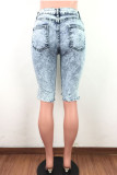 Pantalones capri rectos con cremallera y cremallera de mezclilla azul claro con agujero alto y lavado antiguo con cremallera