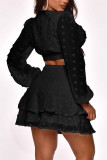 黒ファッションカジュアル大人奥様花柄固体ツーピーススーツ A ラインスカート長袖 XNUMX ピース