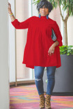 Röd sexig kepsärm långa ärmar O-halsad A-linje knälång solid draperad patchwork klubbklänningar