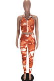 Orange Fashion Sexy Erwachsene Ma'am Print Tie Dye Zweiteilige Anzüge mit Reißverschluss Bleistift ärmellose Zweiteiler