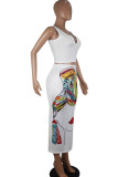 White Fashion Casual adult Ma'am Print Two Piece Suits A-line skirt Sleeveless Two Pieces