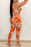 Orange Mode Sexig vuxen Fru Tryck Tie Dye Dragkedja Tvådelad Kostym Penna Ärmlös Tvådelad