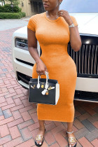 Orange Polyester Fashion Casual adult Ma'am Cap Sleeve Short Sleeves O neck Pencil Dress Mid-Calf Solid Dresses