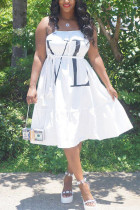 White Fashion Off The Shoulder Sleeveless Slip Swagger Knee-Length Print Dresses
