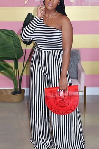 Black Fashion adult Ma'am One Shoulder Collar Striped Stripe Plus Size
