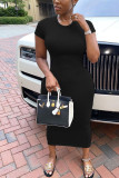 Black Fashion Casual adult Ma'am Cap Sleeve Short Sleeves O neck Pencil Dress Mid-Calf Solid Dresses