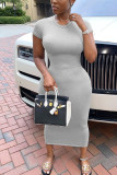 Grey Fashion Casual adult Ma'am Cap Sleeve Short Sleeves O neck Pencil Dress Mid-Calf Solid Dresses