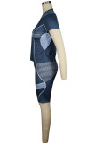 Royal blue knit Sexy Patchwork Print Straight Short Sleeve Two Pieces