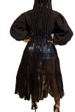 Черные модные повседневные лоскутные однотонные сетчатые платья без пояса с воротником-стойкой