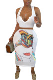 White Fashion Casual adult Ma'am Print Two Piece Suits A-line skirt Sleeveless Two Pieces