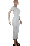 Grey Fashion Casual adult Ma'am Cap Sleeve Short Sleeves O neck Pencil Dress Mid-Calf Solid Dresses