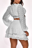 ホワイトファッションカジュアル大人奥様花柄固体ツーピーススーツAラインスカート長袖ツーピース