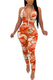 Orange Fashion Sexy Erwachsene Ma'am Print Tie Dye Zweiteilige Anzüge mit Reißverschluss Bleistift ärmellose Zweiteiler