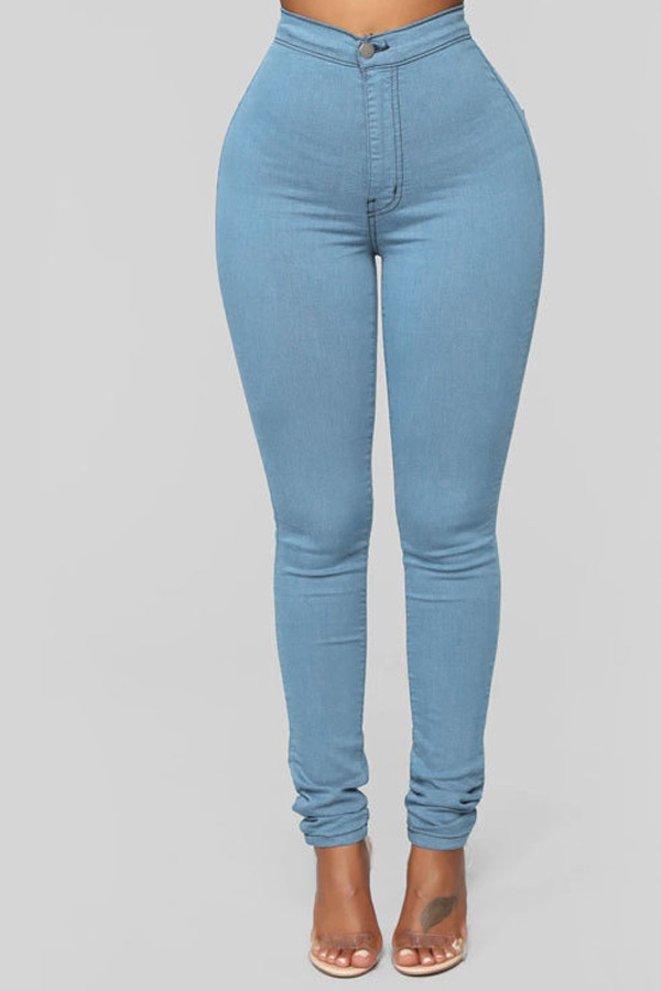 Голубые джинсовые брюки-карандаш с застежкой-молнией средней длины Однотонные брюки-карандаш Низ