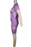 purple knit Sexy Patchwork Print Straight Short Sleeve Two Pieces