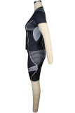 Dark Gray knit Sexy Patchwork Print Straight Short Sleeve Two Pieces