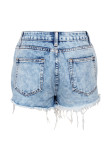 Jeans Azul Zipper Fly High Hole Lavagem Shorts reto Calças