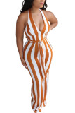 Apricot Fashion street Striped Backless Sleeveless V Neck Jumpsuits