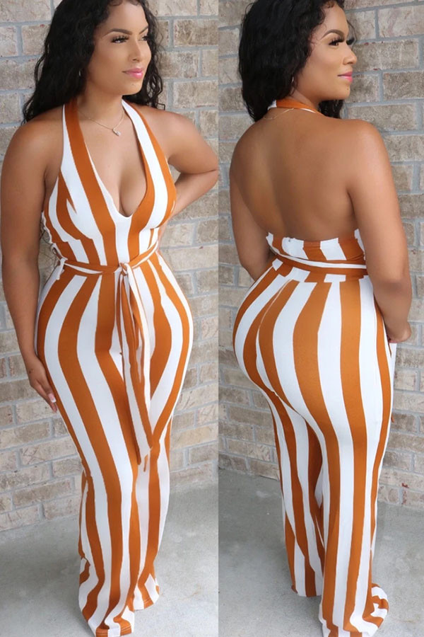 Apricot Fashion street Striped Backless Sleeveless V Neck Jumpsuits