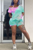 Green Fashion Sexy adulte Ma'am Print Tie Dye Burn-out Two Piece Suits crayon Half Sleeve Two Pieces