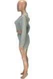 Grey Casual Patchwork Solid asymmetrical Zippered pencil Long Sleeve Two Pieces