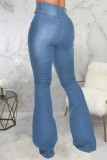 Calça jeans azul claro com zíper Fly Mid Solid lavagem bota corte calças calças